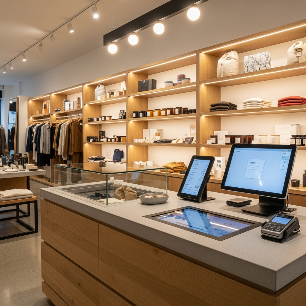 Moderne Ladentheke mit Paydog Kassensystem, Scanner und Kundendisplay
