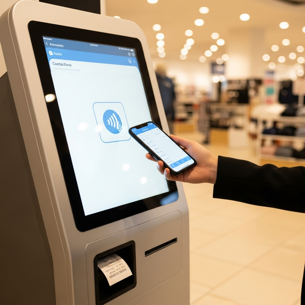 Kunde bedient Paydog Self-Checkout-Kiosk im Einzelhandel