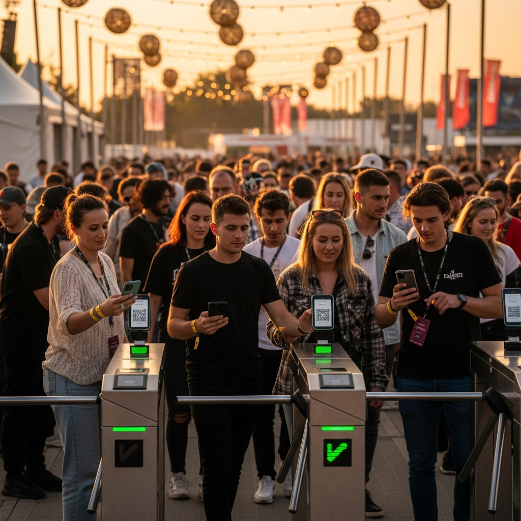 Besucher scannen QR-Tickets beim Einlass eines Festivals